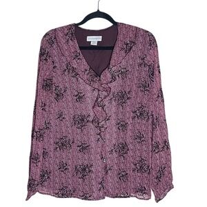 Sag Harbor Womens Burgundy Floral Herringbone Button Front Blouse Shirt Size L